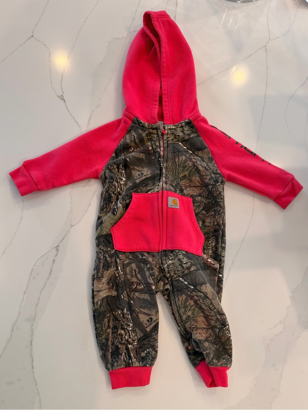 Carhartt Pink Hood with Realtree Camo Front Zip Infant Coverall. Mossy Oak